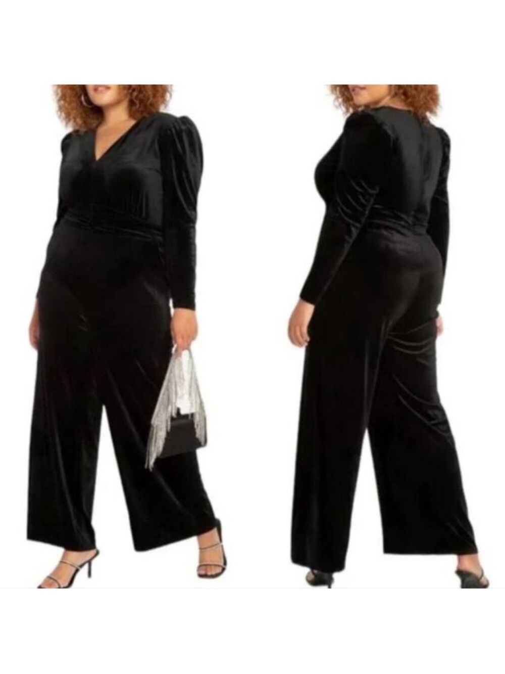 NWT Eloquii Black Velvet V-Neck Long Sleeve Jumpsuit